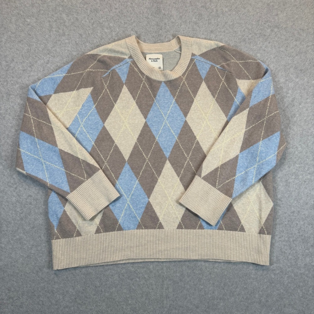 Abercrombie & Fitch Sweater Mens XXL Blue Argyle Crewneck Raglan Long Sleeve